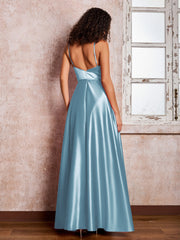 Maxi Robe en Satin à Bretelles Spaghetti avec Poches Bleu de Schiste