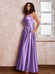 Maxi Robe en Satin à Bretelles Spaghetti avec Poches Tahiti