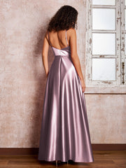 Maxi Robe en Satin à Bretelles Spaghetti avec Poches Vintage Mauve