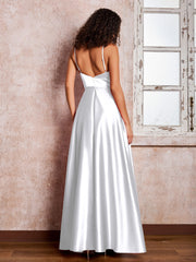 Maxi Robe en Satin à Bretelles Spaghetti avec Poches Blanc