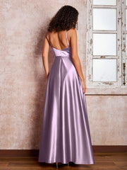 Maxi Robe en Satin à Bretelles Spaghetti avec Poches Glycine
