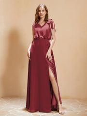 Robe de A-ligne Longueur au Sol à Col en V avec Fente Cannelle Rose