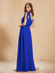 Robe de A-ligne Longueur au Sol à Col en V avec Fente Bleu Royale