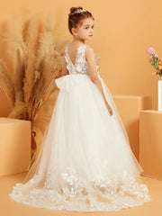 Robe de Fille en Tulle avec Haut en Dentelle et Nœud