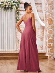 Robe de Demoiselle d'Honneur en Mousseline à Bretelles Spaghetti Doubles Cannelle Rose