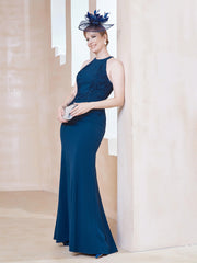 Robe Fourreau en Dentelle Longueur au Sol Licou Bleu Encre Grande Taille