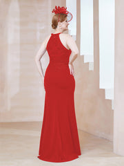 Robe Fourreau en Dentelle Longueur au Sol Licou Rouge Grande Taille