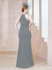 Robe Fourreau en Dentelle Longueur au Sol Licou Gris Acier Grande Taille