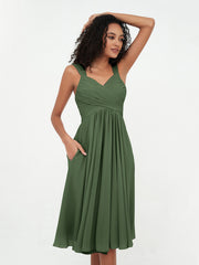 Robes Courtes Empire en Mousseline avec Poches Olive Verte Grande Taille