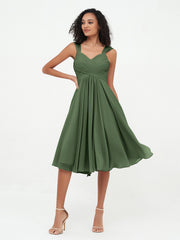 Robes Courtes Empire en Mousseline avec Poches Olive Verte