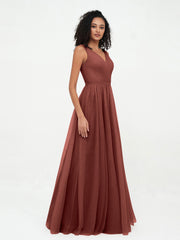Robes Princesse de Pleine Longueur en Tulle avec Décolleté en V terracotta