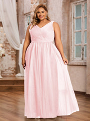 Robes Princesse de Pleine Longueur en Tulle avec Décolleté en V Rose Pâle Grande Taille