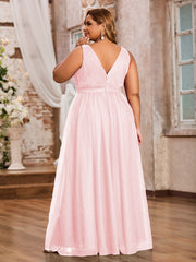 Robes Princesse de Pleine Longueur en Tulle avec Décolleté en V Rose Pâle Grande Taille