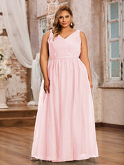 Robes Princesse de Pleine Longueur en Tulle avec Décolleté en V Rose Pâle Grande Taille