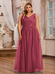 Robes Princesse de Pleine Longueur en Tulle avec Décolleté en V Cannelle Rose Grande Taille