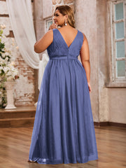 Robes Princesse de Pleine Longueur en Tulle avec Décolleté en V Pervenche Grande Taille
