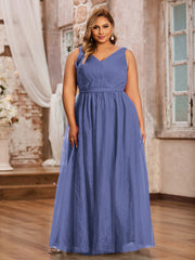 Robes Princesse de Pleine Longueur en Tulle avec Décolleté en V Pervenche Grande Taille