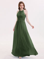 Licou Mousseline Robe Longue avec Taille Plissée Olive Verte
