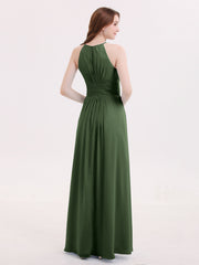 Licou Mousseline Robe Longue avec Taille Plissée Olive Verte