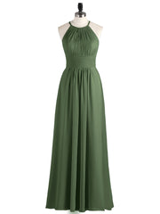 Licou Mousseline Robe Longue avec Taille Plissée Olive Verte