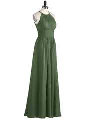 Licou Mousseline Robe Longue avec Taille Plissée Olive Verte