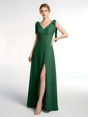 Robe Maxi en Mousseline à Bretelles Plates de Nœud avec Fente à l'Avant Vert Foncé
