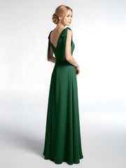 Robe Maxi en Mousseline à Bretelles Plates de Nœud avec Fente à l'Avant Vert Foncé
