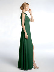 Robe Maxi en Mousseline à Bretelles Plates de Nœud avec Fente à l'Avant Vert Foncé