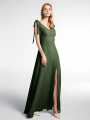 Robe Maxi en Mousseline à Bretelles Plates de Nœud avec Fente à l'Avant Olive Verte Grande Taille
