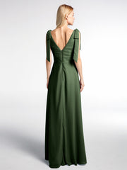 Robe Maxi en Mousseline à Bretelles Plates de Nœud avec Fente à l'Avant Olive Verte