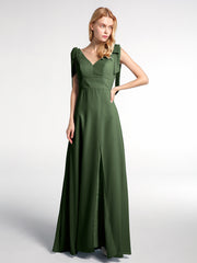 Robe Maxi en Mousseline à Bretelles Plates de Nœud avec Fente à l'Avant Olive Verte