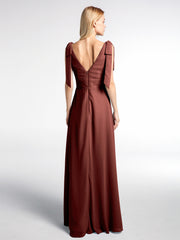 Robe Maxi en Mousseline à Bretelles Plates de Nœud avec Fente à l'Avant terracotta