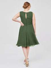 Col En Scoop Mousseline Robe Courte Avec Ceinture Nœud Olive Verte
