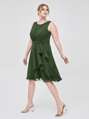 Col En Scoop Mousseline Robe Courte Avec Ceinture Nœud Olive Verte