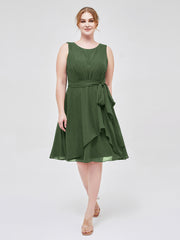 Col En Scoop Mousseline Robe Courte Avec Ceinture Nœud Olive Verte