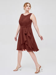 Col En Scoop Mousseline Robe Courte Avec Ceinture Nœud terracotta Grande Taille