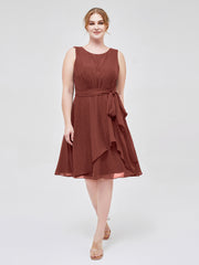 Col En Scoop Mousseline Robe Courte Avec Ceinture Nœud terracotta Grande Taille