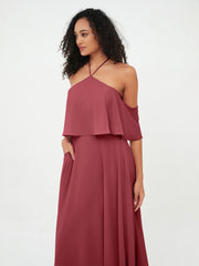 Robes Longues Mousseline à Epaules Dénudées avec Poches Cannelle Rose Grande Taille
