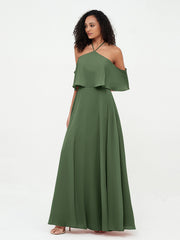 Robes Longues Mousseline à Epaules Dénudées avec Poches Olive Verte