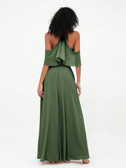 Robes Longues Mousseline à Epaules Dénudées avec Poches Olive Verte