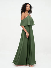 Robes Longues Mousseline à Epaules Dénudées avec Poches Olive Verte