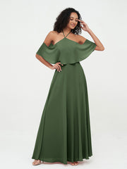 Robes Longues Mousseline à Epaules Dénudées avec Poches Olive Verte