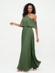 Robes Longues Mousseline à Epaules Dénudées avec Poches Olive Verte