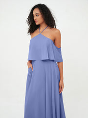Robes Longues Mousseline à Epaules Dénudées avec Poches Pervenche Grande Taille