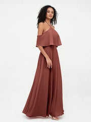 Robes Longues Mousseline à Epaules Dénudées avec Poches terracotta Grande Taille