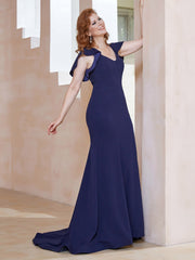 Robe Sirène avec Traîne de Balayage à Col en V Bleu Marine