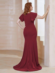 Robe Sirène avec Traîne de Balayage à Col en V Bordeaux Grande Taille