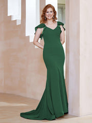 Robe Sirène avec Traîne de Balayage à Col en V Vert Foncé