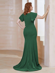 Robe Sirène avec Traîne de Balayage à Col en V Vert Foncé