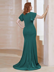 Robe Sirène avec Traîne de Balayage à Col en V Paon